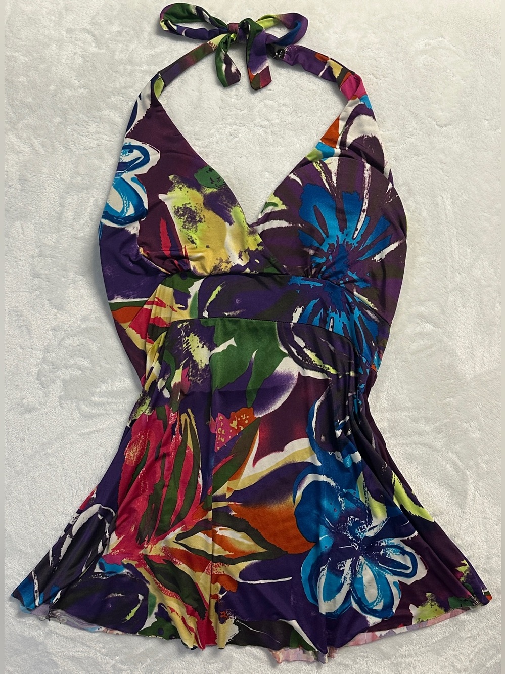 Y2K SUZY SHIER women's purple multi floral v-neck open back halter top, M.